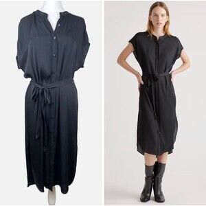 Quince Washable Stretch Silk Midi Shirt Dress Button Front Black Minimalist Sz S